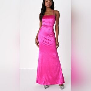Lulus Radiant Stunner Hot Pink Satin Rhinestone Lace-Up Maxi Dress Size XL NWT